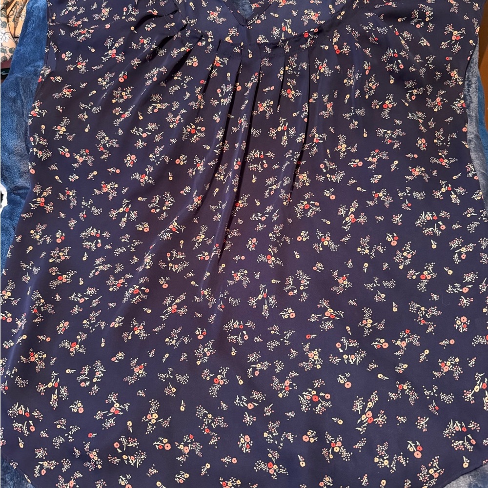 LC Lauren Conrad Navy Floral Blouse with Red and Cream Accents